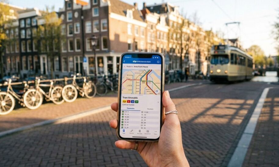 Tourist holding smartphone with Amsterdam transit map app, canal houses and bicycles blurred in background on cobblestone street.