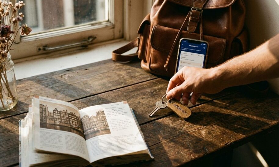 Traveler's hand placing room key on wooden table next to Amsterdam guidebook and smartphone with booking apps