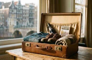 Open vintage leather suitcase packed with travel essentials on wooden table, Amsterdam canal houses visible through window