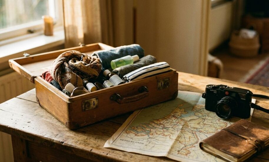 Open vintage wooden suitcase with travel essentials on rustic table, Netherlands map showing Amsterdam routes, camera and journal nearby