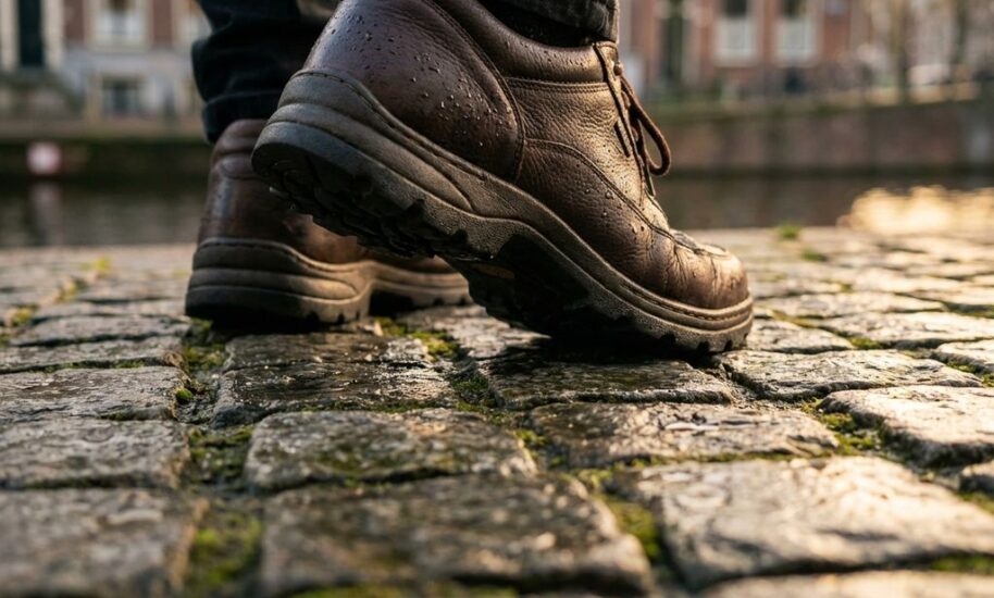 Walking shoes with thick rubber soles stepping on wet Amsterdam cobblestones with canal house in blurred background