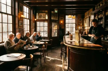 Amsterdam brown cafe interior with locals reading at wooden tables, brass beer taps behind mahogany bar, sunlight streaming through windows