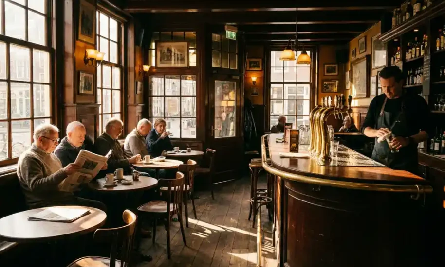 Amsterdam brown cafe interior with locals reading at wooden tables, brass beer taps behind mahogany bar, sunlight streaming through windows