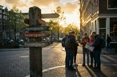 Weathered stone signpost with directional arrows at cobblestone intersection in Amsterdam, tourists with backpacks consulting maps nearby during golden hour