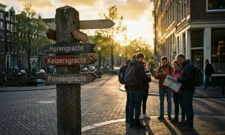 Weathered stone signpost with directional arrows at cobblestone intersection in Amsterdam, tourists with backpacks consulting maps nearby during golden hour