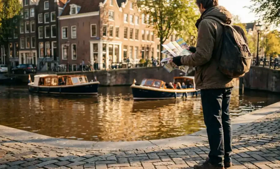 Traveler holding colorful tour brochures at Amsterdam canal intersection with historic gabled houses and boats reflected in water during golden hour