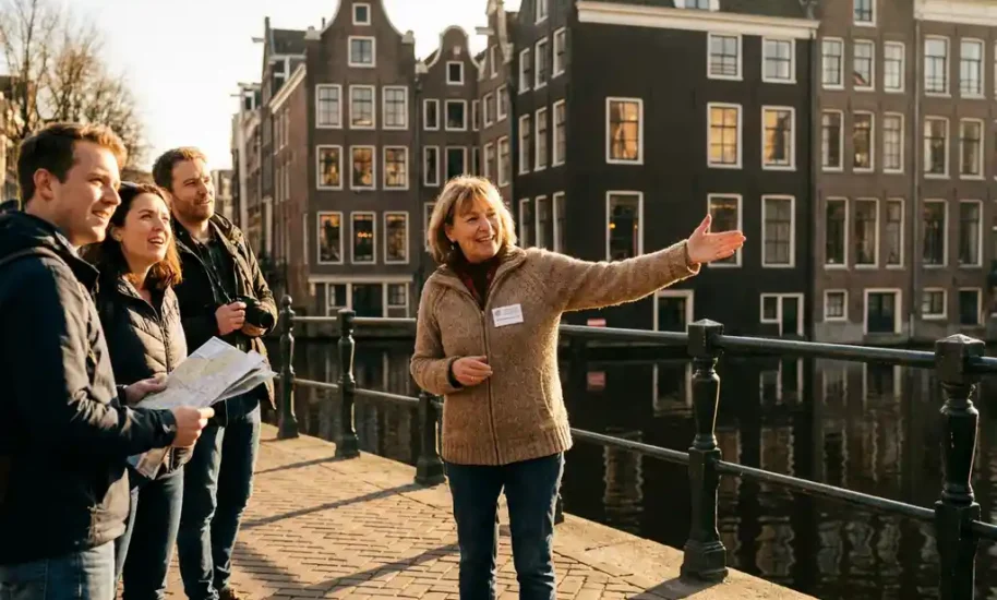 German tour guide leading tourists across Amsterdam canal bridge with historic gabled houses reflecting in water below