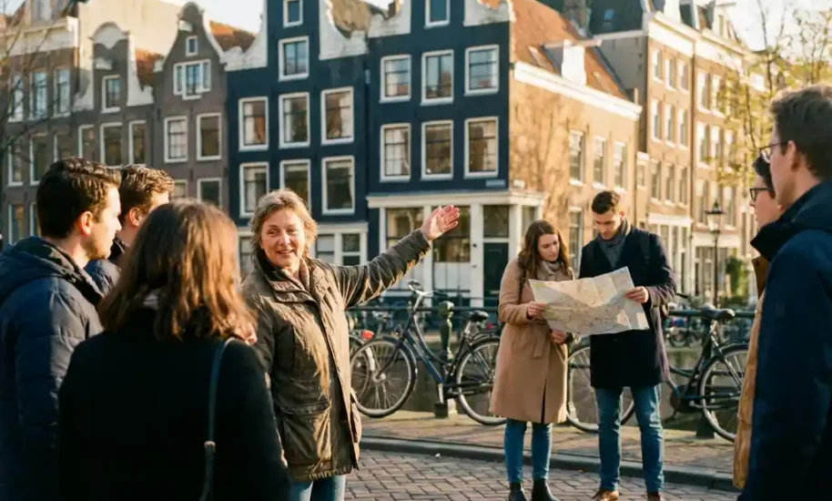 Tour guide gesturing toward Amsterdam canal houses while couple studies map on cobblestone street in Jordaan district