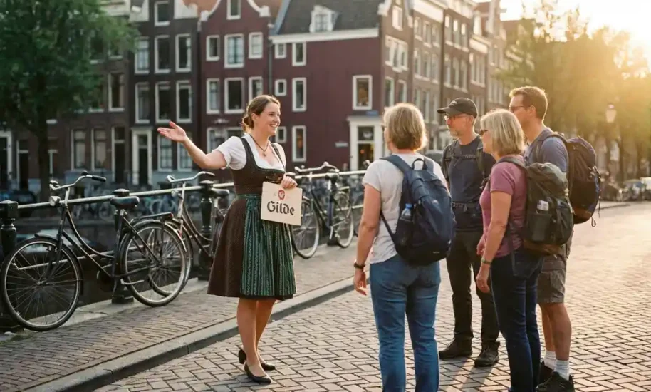 German tour guide welcomes tourists beside Amsterdam's narrow canal houses on cobblestone street with parked bicycles