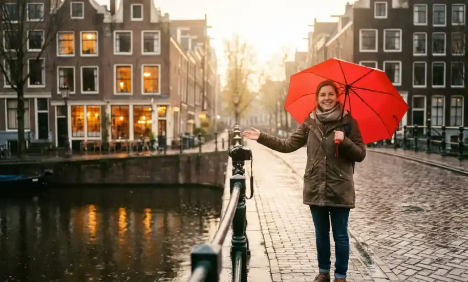 German tour guide with red umbrella on Amsterdam canal bridge during golden hour rain, historic gabled houses reflecting in wet cobblestones