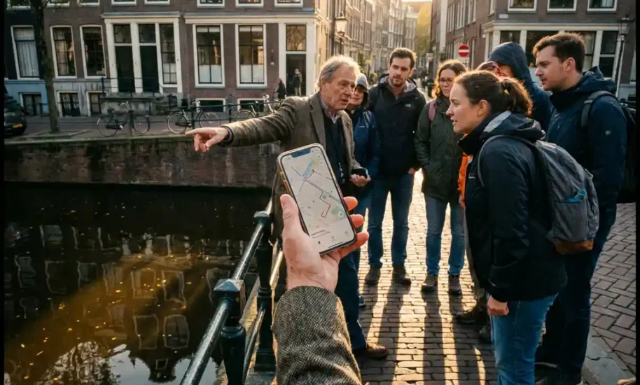 Tour guide with smartphone showing route change to group on Amsterdam canal bridge with traditional Dutch houses reflected in water below