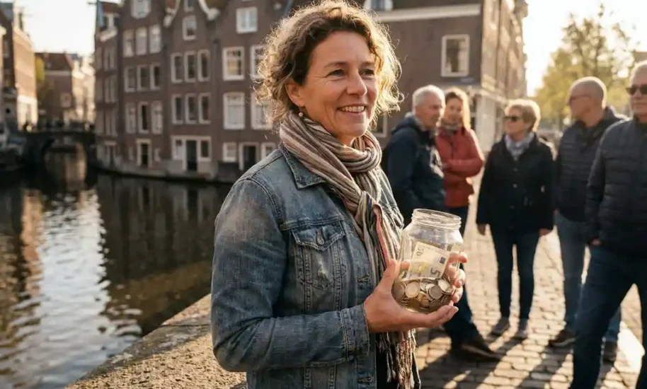 Tour guide holding tip jar on Amsterdam canal bridge with historic gabled houses and attentive tourists in warm afternoon light