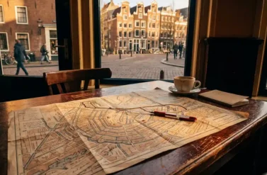 Paper map of Amsterdam canal district on wooden café table with red pen marking walking route, traditional Dutch houses visible through window in warm sunlight