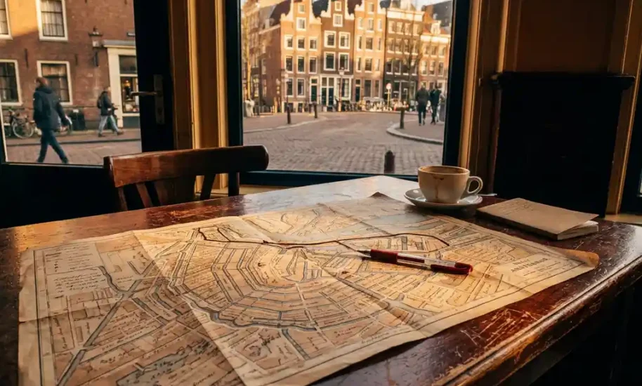 Paper map of Amsterdam canal district on wooden café table with red pen marking walking route, traditional Dutch houses visible through window in warm sunlight