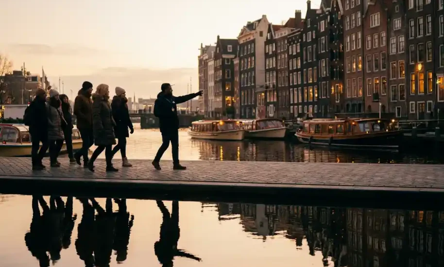 Tourists walking along Amsterdam canal during golden hour with historic gabled houses, tour guide, and peaceful boats reflected in calm water