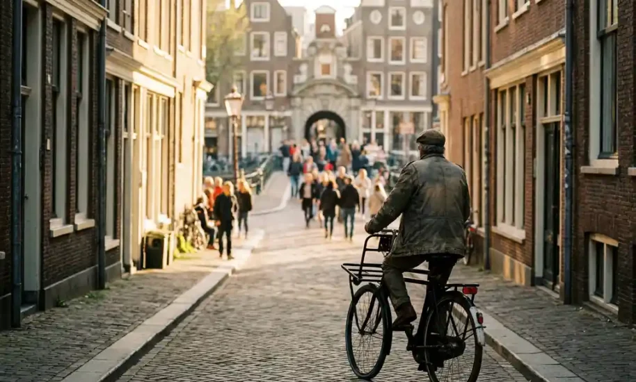 Narrow cobblestone alley in Amsterdam with cyclist riding toward distant crowds, traditional gabled canal houses lining both sides in golden hour light.