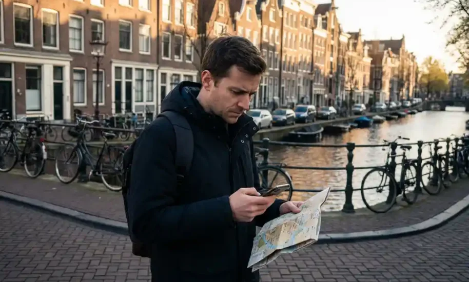 Tourist with map and smartphone at Amsterdam canal intersection, surrounded by traditional Dutch gabled houses and bicycles