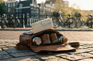 Weathered leather messenger bag open on Amsterdam cobblestones with map, walking shoes, water bottle, and umbrella, canal houses blurred behind