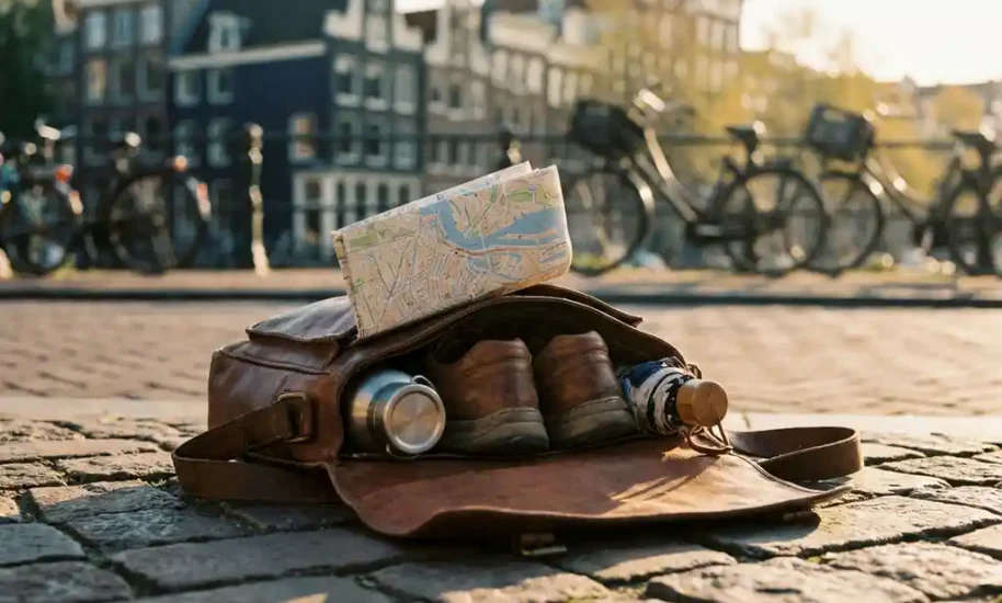 Weathered leather messenger bag open on Amsterdam cobblestones with map, walking shoes, water bottle, and umbrella, canal houses blurred behind