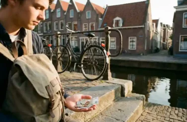 Young backpacker counting Euro coins while sitting on Amsterdam canal steps, with traditional Dutch houses and bicycle reflected in water behind them.
