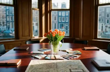 Conference table with charity event planning materials, Amsterdam map, and orange tulips in crystal vase, sunlight streaming through historic canal house windows