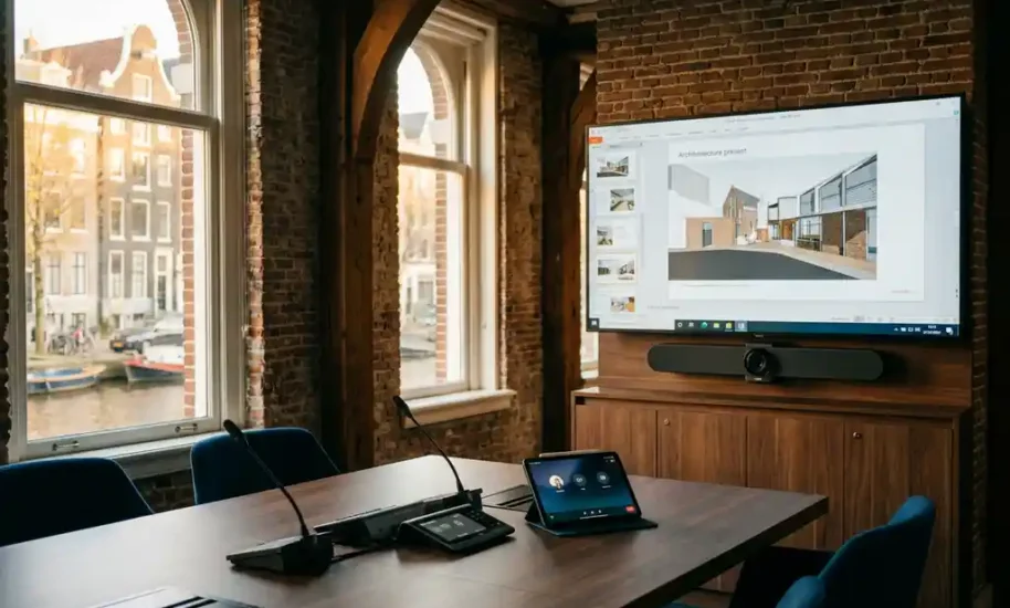 Modern conference room in historic Amsterdam canal house with exposed brick walls, large display screen, and AV equipment, warm light from tall windows overlooking canals