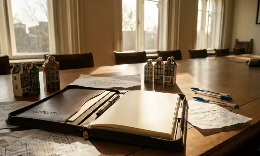Open leather portfolio marked "CONFIDENTIAL" with fountain pen on wooden conference table, surrounded by Amsterdam canal house miniatures and sketches in warm afternoon light.