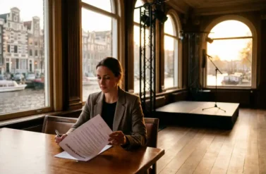 Corporate event planner reviewing insurance contract at Amsterdam canal-side venue with Dutch architecture and stage setup