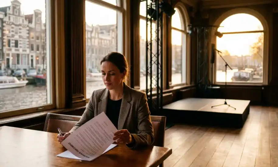 Corporate event planner reviewing insurance contract at Amsterdam canal-side venue with Dutch architecture and stage setup