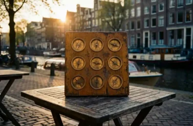 Wooden decision board with nine brass compass roses on weathered café table overlooking Amsterdam canal at golden hour