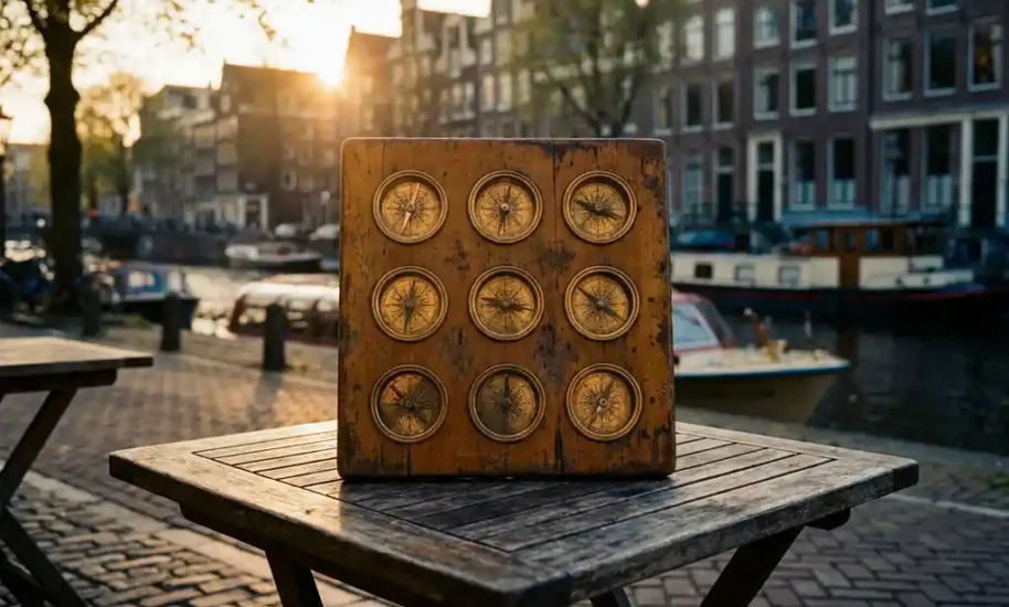 Wooden decision board with nine brass compass roses on weathered café table overlooking Amsterdam canal at golden hour