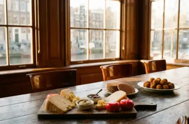Dutch cheese board with aged Gouda and Edam rounds on wooden table in Amsterdam canal house meeting room with stroopwafels