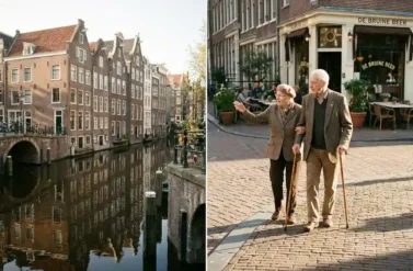 Elderly couple with walking canes crossing historic Amsterdam canal bridge, woman pointing to cafe, narrow gabled houses reflected in water