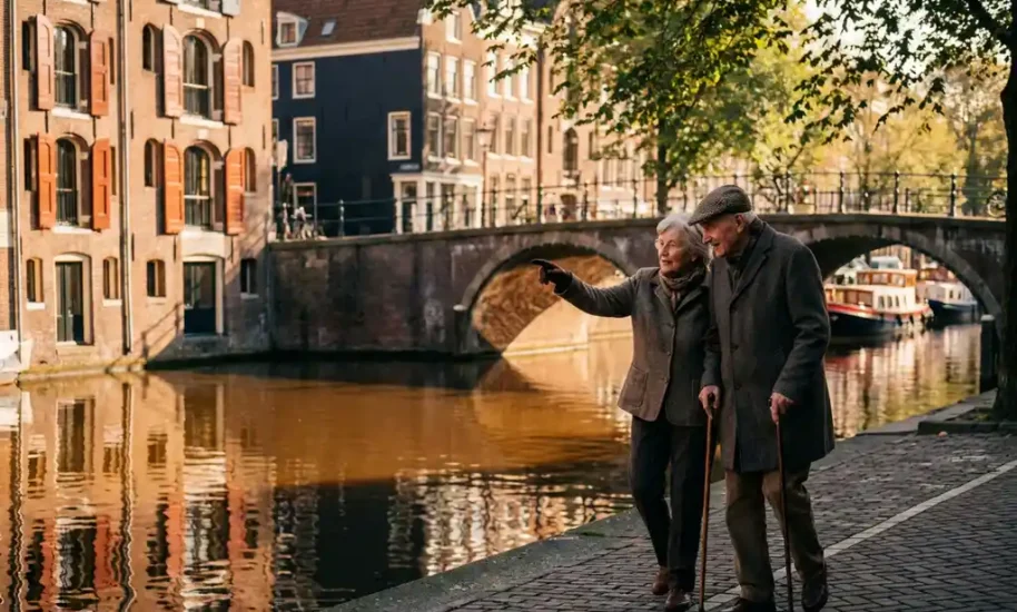 Elderly couple with walking sticks strolling along Amsterdam cobblestone canal path, historic gabled houses reflecting in water