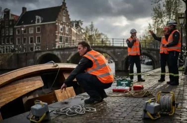 Tour guide in orange safety vest crouching beside overturned canal boat during emergency drill in Amsterdam, with historic brick buildings and bridges in background