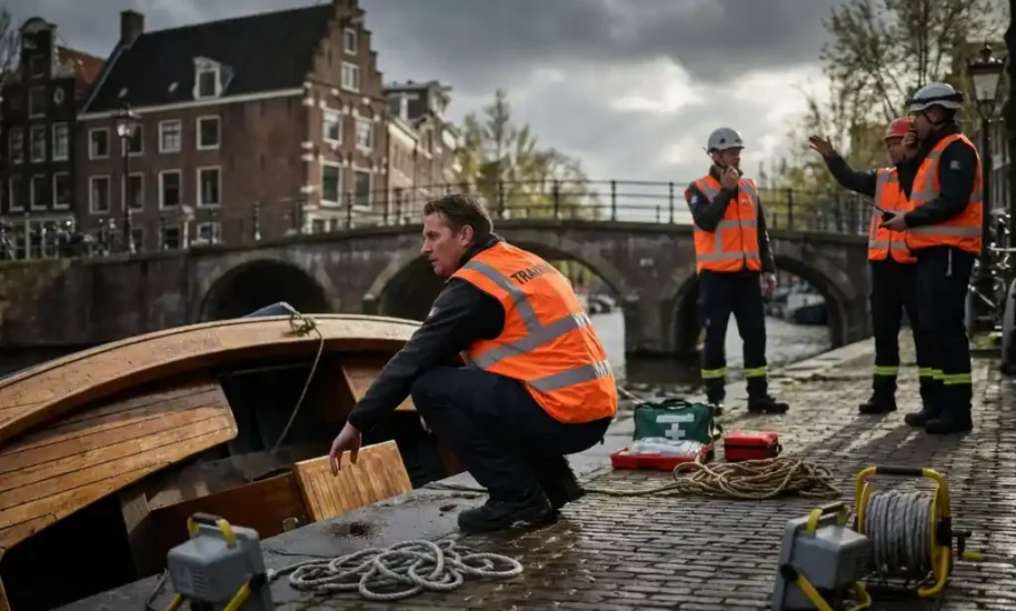 Tour guide in orange safety vest crouching beside overturned canal boat during emergency drill in Amsterdam, with historic brick buildings and bridges in background