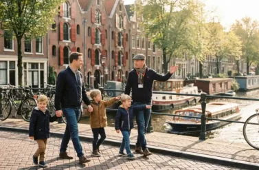 Family with two children walking hand-in-hand across Amsterdam canal bridge with tour guide, historic gabled houses and boats visible in background