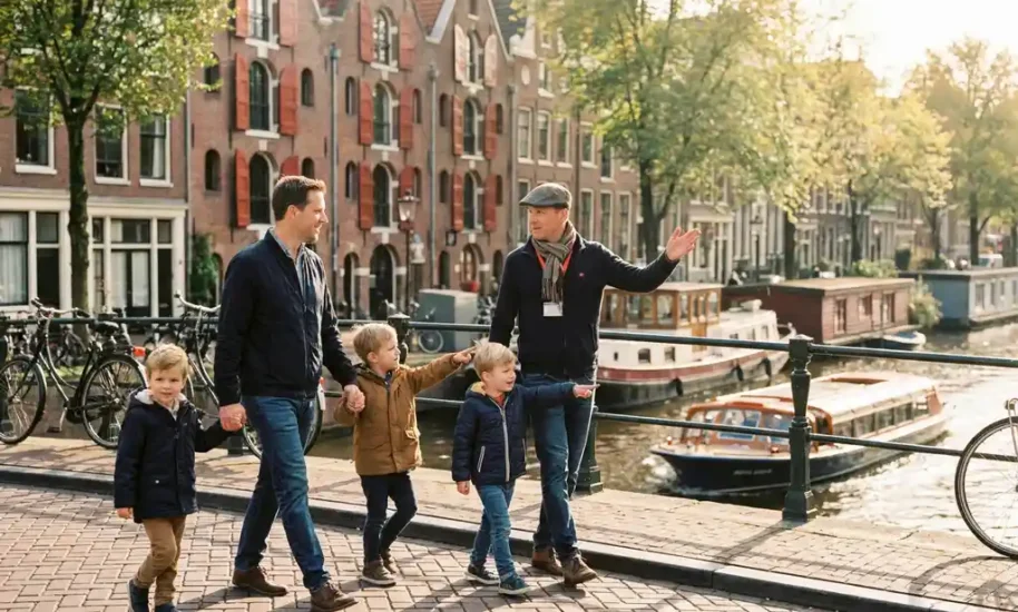 Family with two children walking hand-in-hand across Amsterdam canal bridge with tour guide, historic gabled houses and boats visible in background