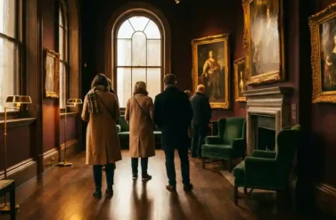 Museum visitors viewing classical paintings in ornate golden frames on burgundy walls, warm amber light streaming through rain-streaked windows onto polished wooden floors.