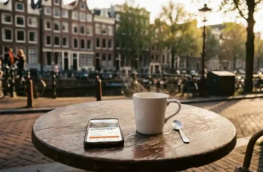 Smartphone with booking app on wooden café table next to coffee cup, Amsterdam canal houses blurred in background