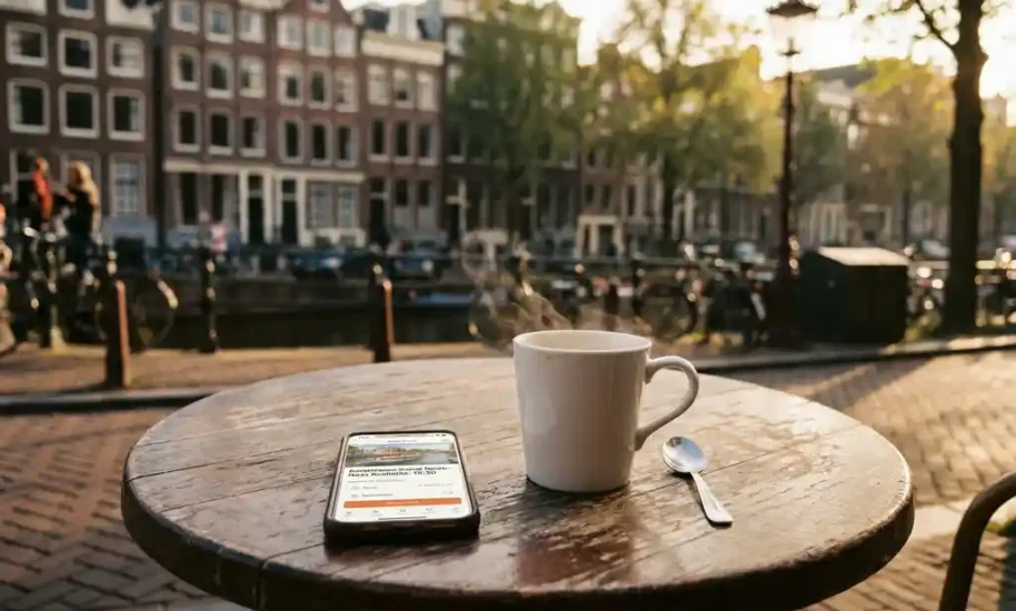 Smartphone with booking app on wooden café table next to coffee cup, Amsterdam canal houses blurred in background