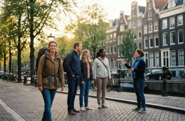 Female solo traveler with backpack joins diverse tourist group following guide through Amsterdam's cobblestone streets near canal houses in golden afternoon light.
