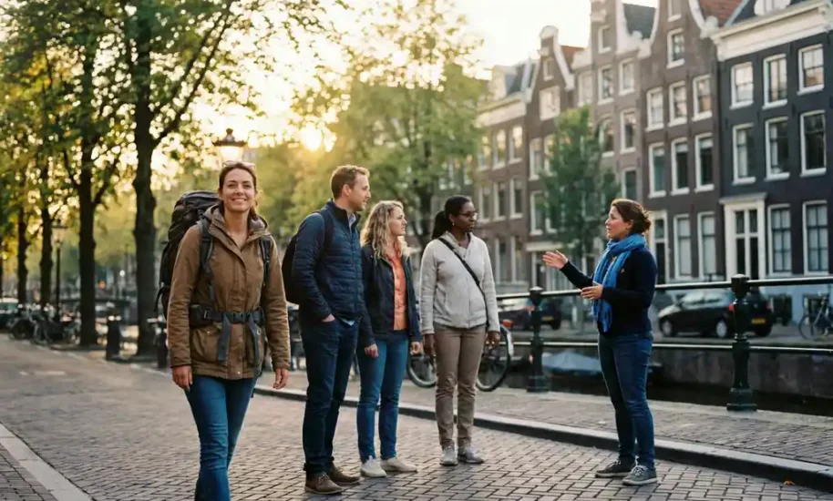 Female solo traveler with backpack joins diverse tourist group following guide through Amsterdam's cobblestone streets near canal houses in golden afternoon light.