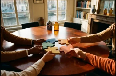 Hands reaching across wooden conference table holding colorful interlocking puzzle pieces in sunlit Amsterdam interior