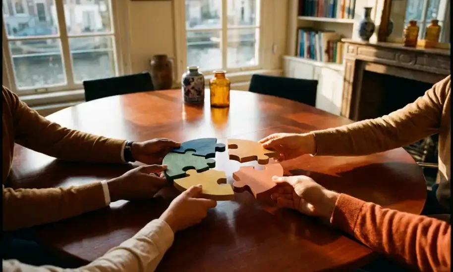 Hands reaching across wooden conference table holding colorful interlocking puzzle pieces in sunlit Amsterdam interior