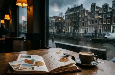 Open leather travel journal with scattered autumn leaves and postcards on rain-speckled café table, steaming coffee cup beside it, Amsterdam canal houses visible through water-streaked window