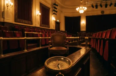 Vintage brass compass pointing toward ornate red velvet theater seat in Amsterdam's historic concert hall with golden stage lighting