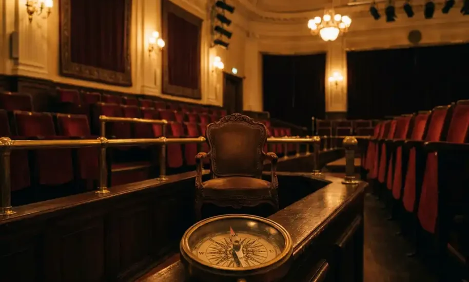 Vintage brass compass pointing toward ornate red velvet theater seat in Amsterdam's historic concert hall with golden stage lighting