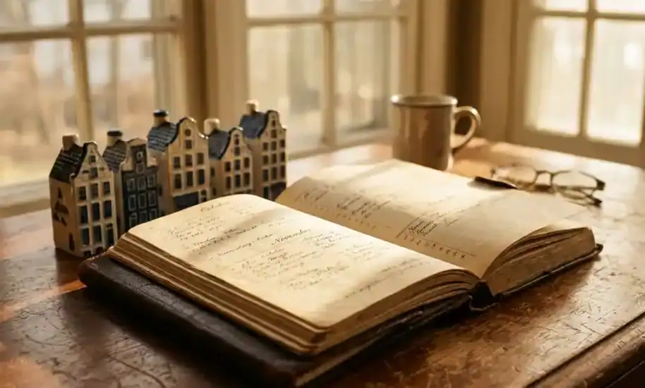 Vintage leather appointment book open on wooden desk with handwritten bookings, Amsterdam canal house miniatures nearby in warm sunlight