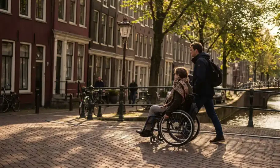 Person in wheelchair with walking tour guide on Amsterdam cobblestone street beside historic canal houses and bridge